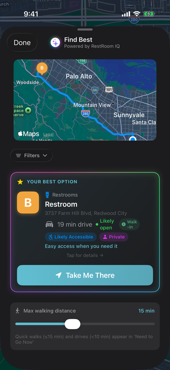 RestMap IQ Finder ranking the best restrooms near you by AI score